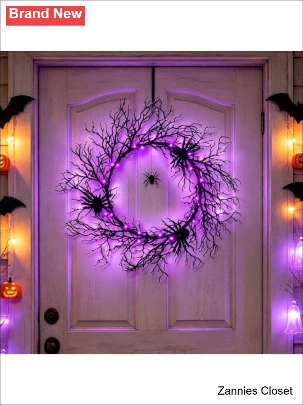 👻 24" Halloween Wreath with LED Lights Spooky Front Door Decor Timer